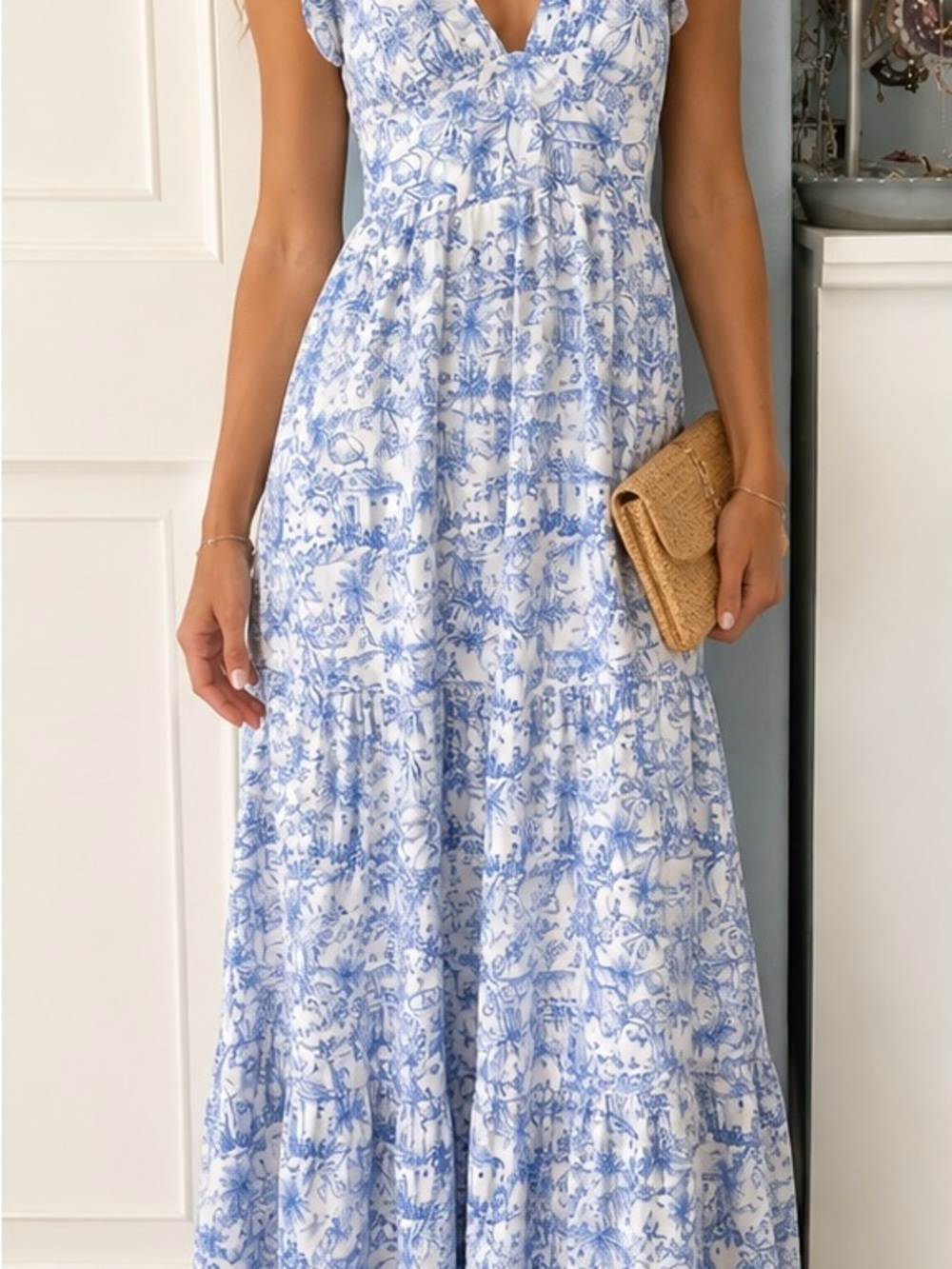 NWT Olivia Grey Blue White Toile Tie Back Maxi Dress Romantic Coastal XS